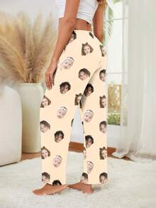 定制款独特舒适女士睡裤，男女通用定制趣味照片印花睡裤，四头设计，适合秋冬季穿着 - 杏色 - 查看 3