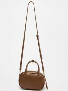 MINI TOPSTITCHED BAG, Wide Strap Women's Vintage Crossbody Bag, Small Tote Ladies Luxury Design Handbags, Solid Color Simple Shoulder Bag - màu nâu - Xem 5
