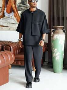 2pcs/Set Men's Black Dashiki, Solid Color Short Sleeve, Big Pocket Design, Elastic Waist Pants, African Clothing, Men's Summer Casual Short Sleeve Top And Long Pants 2 Pieces Set, Streetwear, Party, Wedding, Daily Wear, Cultural Events, Traditional Ceremonies - màu đen - Xem 1