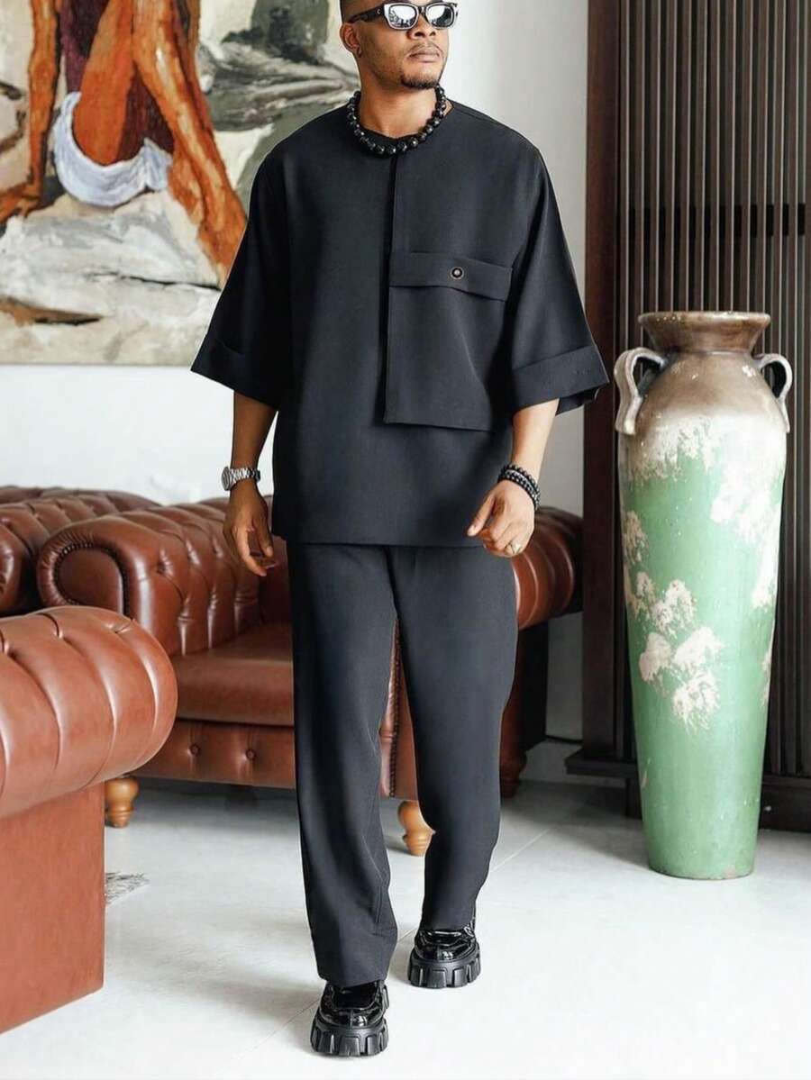 2pcs/Set Men's Black Dashiki, Solid Color Short Sleeve, Big Pocket Design, Elastic Waist Pants, African Clothing, Men's Summer Casual Short Sleeve Top And Long Pants 2 Pieces Set, Streetwear, Party, Wedding, Daily Wear, Cultural Events, Traditional Ceremonies - màu đen - Xem 1