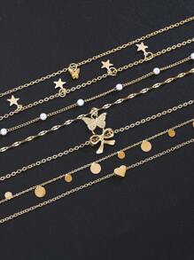 7pcs Set Butterfly, Star, Heart, Geometric Circle Faux Pearl, Crystal Rhinestone, Tassel Pendant Multilayer Necklace Charm, Elegant, Vintage, Chic Design, Suitable For Holiday, Party, Daily Wear, Gift