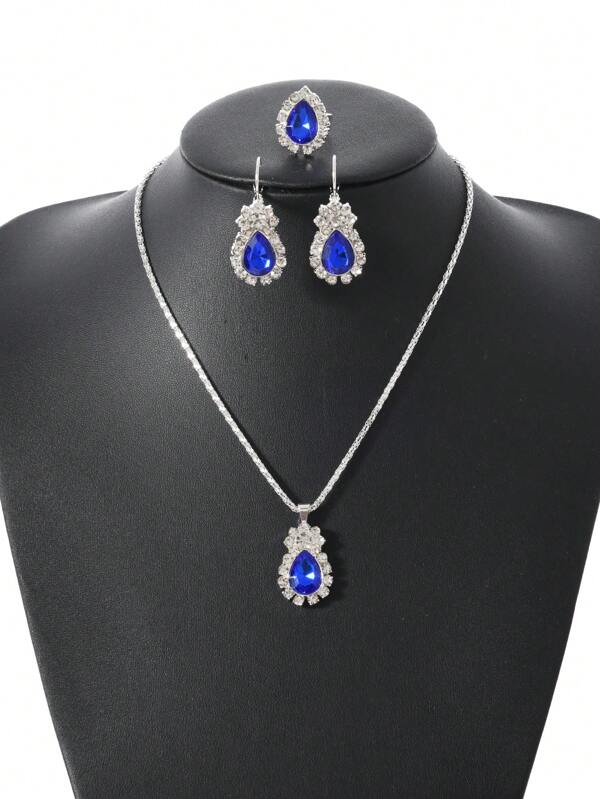 Set de 3 piezas de joyería con forma de gota de agua con rhinestones, versátil para el uso diario de las mujeres