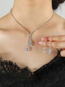1 Set Minimalist Elegant Women's Jewelry Set - Necklace, Earrings, Bracelet, Copper Material Embedded With Sparkling Crystals, Best For Wedding, Party - Silver - View 7