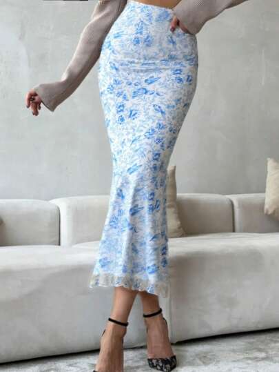 Falda elástica de talle alto con estampado floral de ditsty casual estilo bohemio, adecuada para salidas diarias, ir al trabajo, citas, vacaciones de verano, festivales de música y fiestas