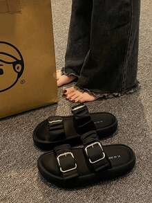 Damen Sandalen mit Doppel-Schnallen-Design, lässige offene Zehensandalen für den Sommer, bequeme Slip-On Schuhe