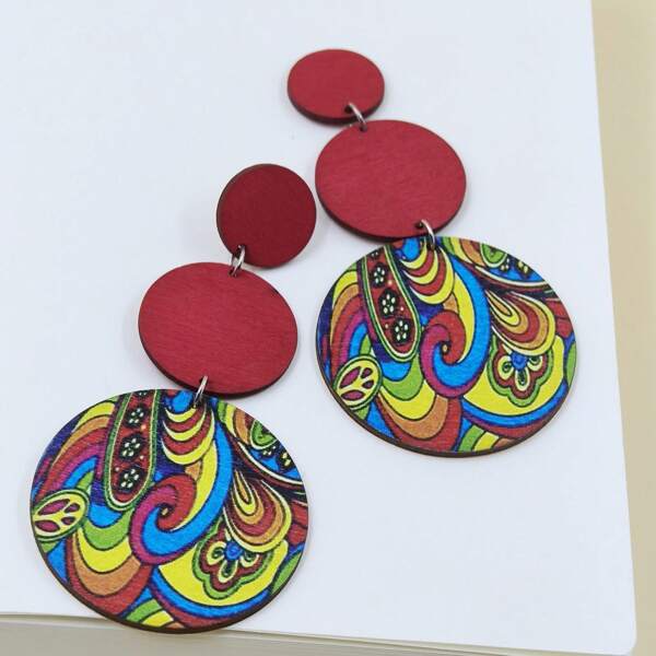 1 Pair Fashionable Resort-Style Chinese-Inspired Wooden Printed Earrings For Women