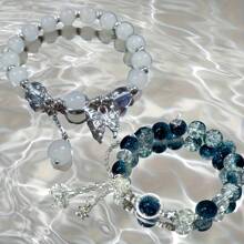 2 pièces - Bracelet pendant élégant en perles de verre en forme d'étoile - Bijou noble imitation œil de chat pour femmes, thème de fête transparent bleu, cadeau de la Saint-Valentin et de Noël, 15+, design exquis, artisanat exquis, accessoires de mode, bijoux pour adolescentes