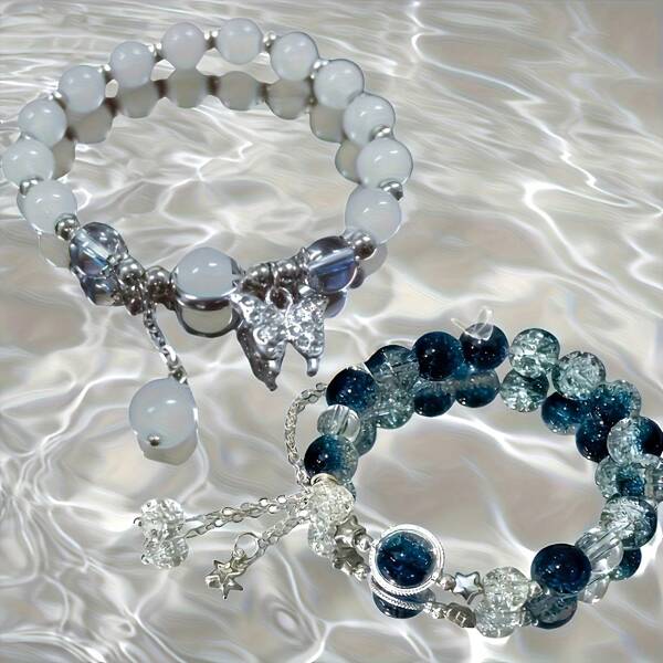 2 pièces - Bracelet pendant élégant en perles de verre en forme d'étoile - Bijou noble imitation œil de chat pour femmes, thème de fête transparent bleu, cadeau de la Saint-Valentin et de Noël, 15+, design exquis, artisanat exquis, accessoires de mode, bijoux pour adolescentes