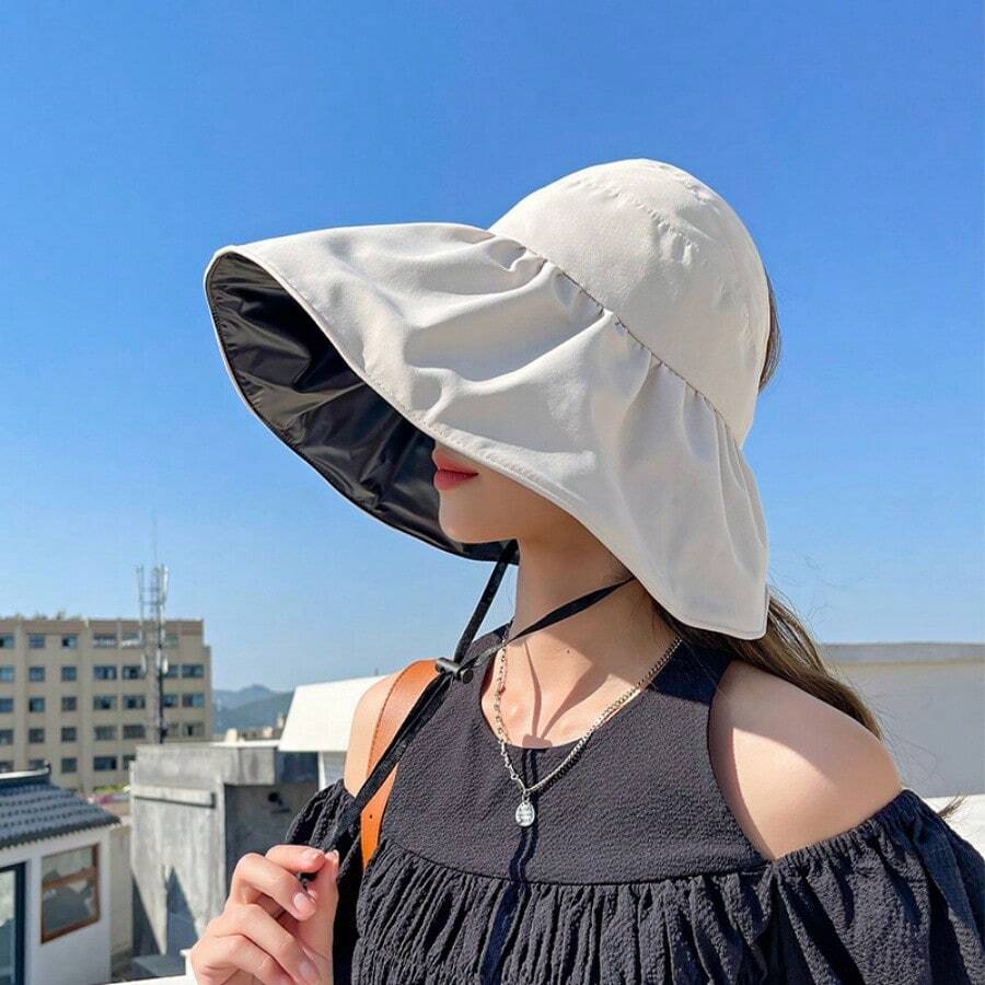 1 件装女士黑色乙烯基太阳帽，防紫外线宽边可折叠渔夫帽，适合夏季