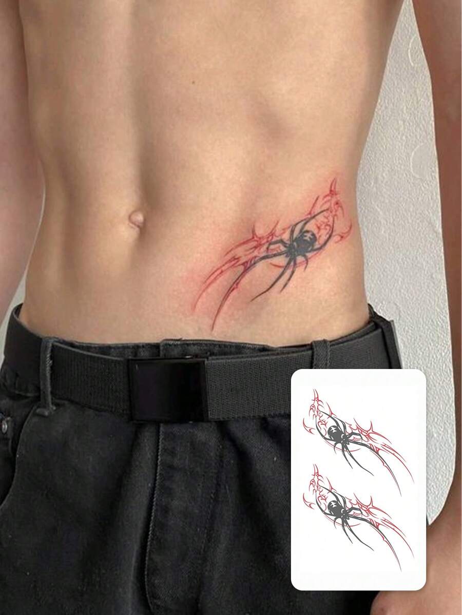 1pc Black & Red Spider Blade Temporary Tattoo Sticker For Men, Washable Temporary Tattoo PVC Stylish Tattoo Sticker Suitable For People