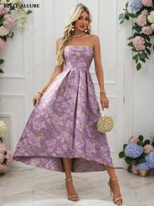 Rochie de seară elegantă, fără bretele, luxoasă, din material jacquard floral auriu, potrivită pentru ocazii formale, nunți, absolviri, gale