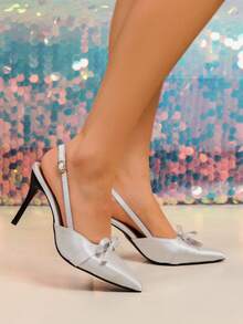 2025 Fashion Casual Platform Pointed Toe Bowknot Buckle Strap High Heel Pumps For Women, Summer/Autumn - Silver - View 4