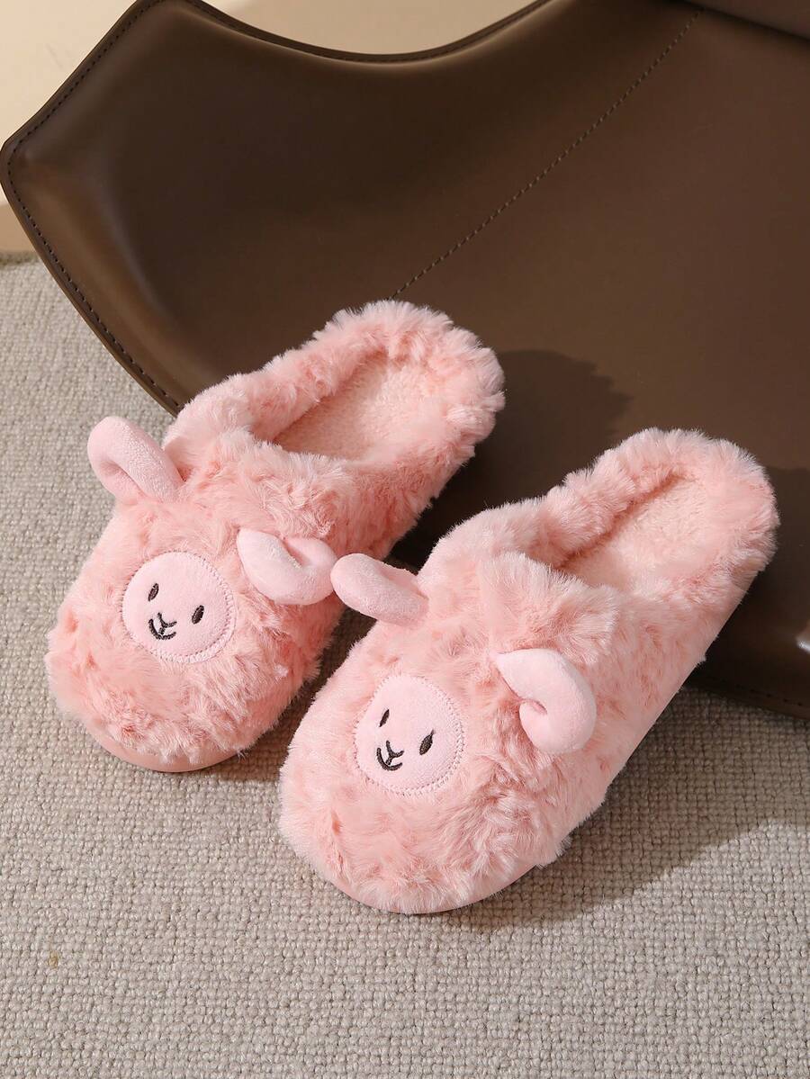 可爱卡通绵羊图案毛绒拖鞋，秋冬季保暖家居服，适合女性、女孩、情侣穿着