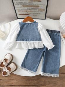 2pcs Baby Girls Casual Denim Patchwork Round Neck Shirt & Jeans Pants Set, Suitable For Outdoor Autumn/Winter