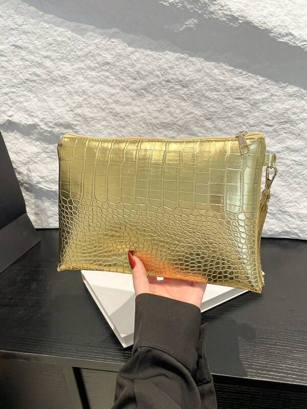 Fashionable New Solid Color Crocodile Embossed Street Style Versatile Envelope Clutch Bag, Gold Color For Women