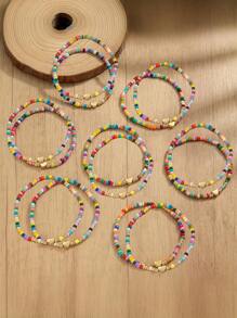 Conjunto de 14 piezas de pulseras de estilo bohemio con cuentas de arroz de colores, con encanto de corazón, cadena elástica de cuentas para mujer como regalo de joyería