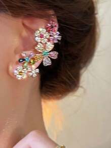 1 Pair Fashion Party Colorful Floral Crystal Ear Cuff Earring , Bling Glass Luxury High-End Niche Design Earring Clip Cartilage Unique Beautiful Exaggerated Elegant Women Earrings