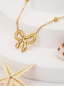 1 Pc Stainless Steel Jewelry Gold Bow Bowknot Pendant Bead Chain Set Simple Cute Fashion Girl Versatile High-End Necklace Stylish Minimalist Bow Pendant Necklace