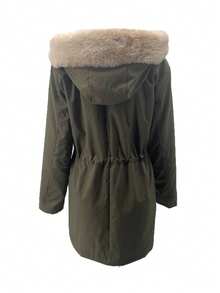 女士秋冬长袖连帽拼接仿毛领休闲日常派克大衣 - 軍綠色 - 查看 6