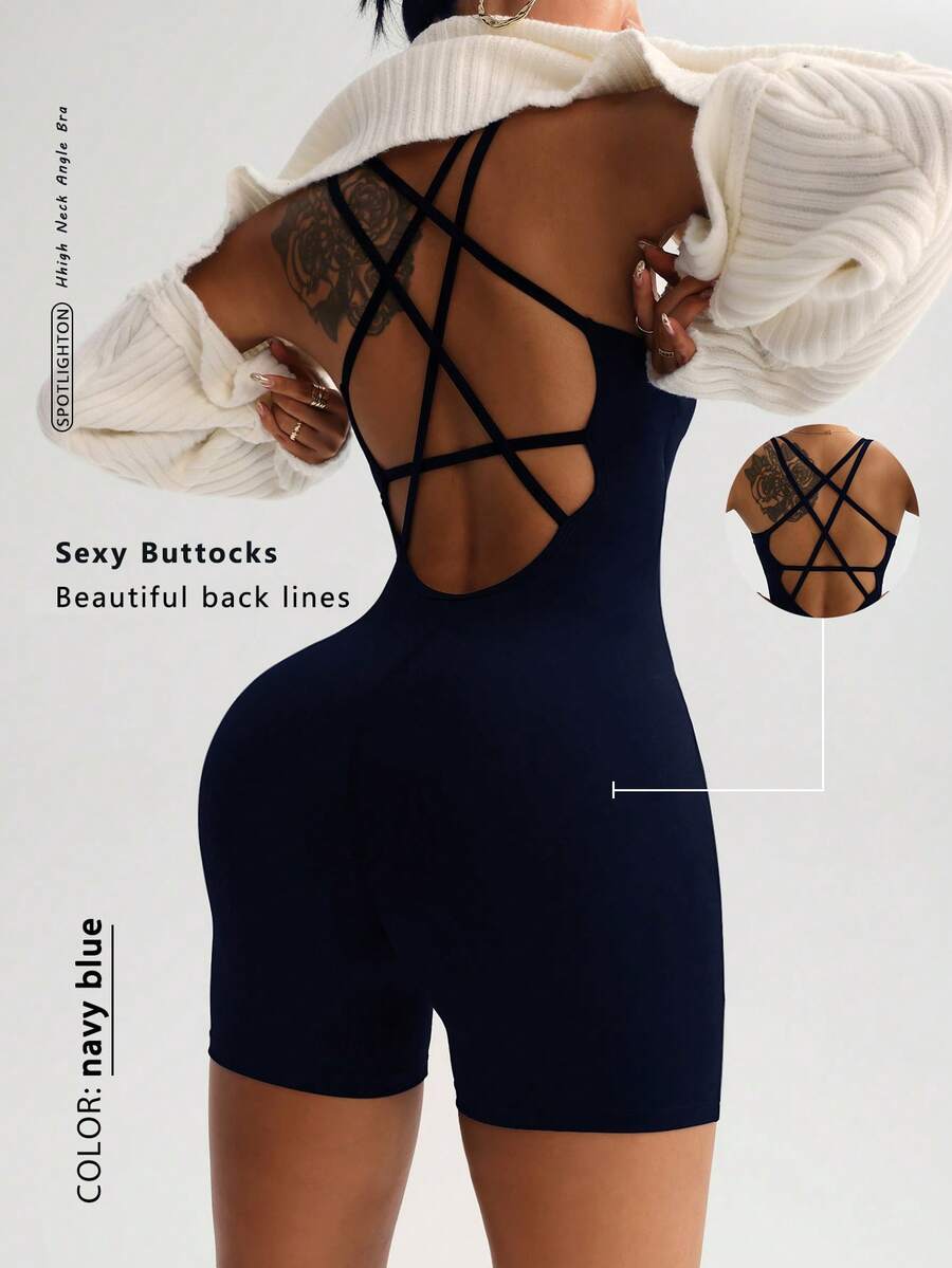 经典复古交叉露背设计+提拉塑形，性感露背+收腰剪裁，健身和街头穿搭的理想提拉单品，优雅的露背绑带+塑形缝线，修身交叉露背+腹部塑形剪裁，性感欧式风格，交叉露背绑带，提拉收腰，复古剪裁，四向透气弹力，凸显曲线的紧身连体衣 - 藏蓝色 - 查看 1