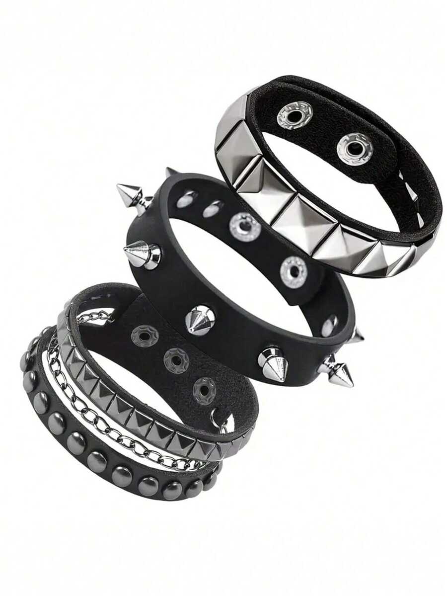 3pcs/Set Halloween Gothic Rock Punk Style Black PU Leather Bracelet Set, Suitable For Women Men Unisex Everyday, Festival, Party, Performance, Gift - Black - View 1