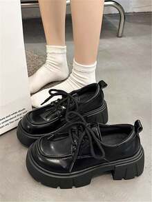 女士时尚圆头简约优雅百搭系带厚底粗跟浅口鞋