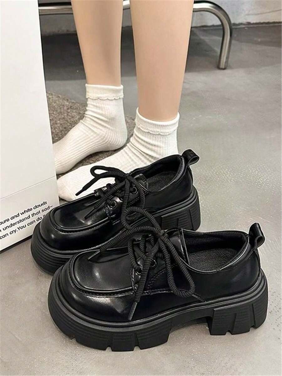 女士时尚圆头简约优雅百搭系带厚底粗跟浅口鞋