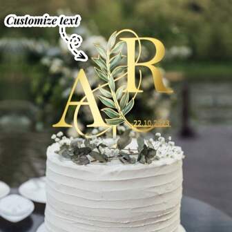 1pc Wedding Cake Topper Personalized Cake Decoration For Wedding Anniversary Cake Topper Custom Initials Date Green Leaves, Optional Rose Sets