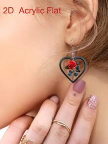 1 Pair 2D Acrylic Heart & Rose Flower Earrings, Minimalist & Romantic Women Earring Gifts, Suitable For Everyday Wear, Parties, Holidays