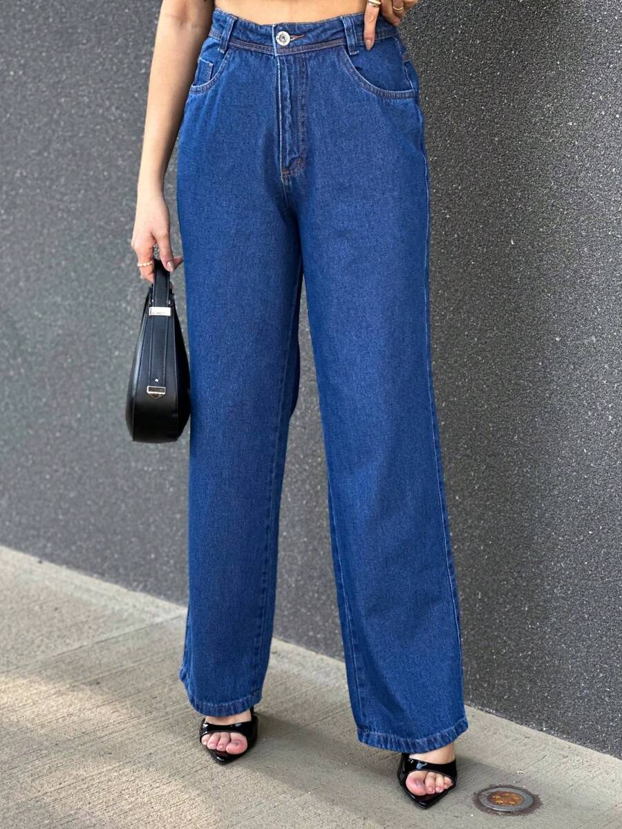 KISS ME LADY Kissmelady 8000 Women's Jeans Pantalona Wide Leg Trousers With Bag SMOOTH WITHOUT RIPS 8000 - 深色水洗藍 - 查看 1