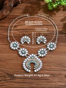 3pcs/Set Boho Style Turquoise Flower Design Alloy Necklace And Earrings Set, Suitable For Women Party Wear
