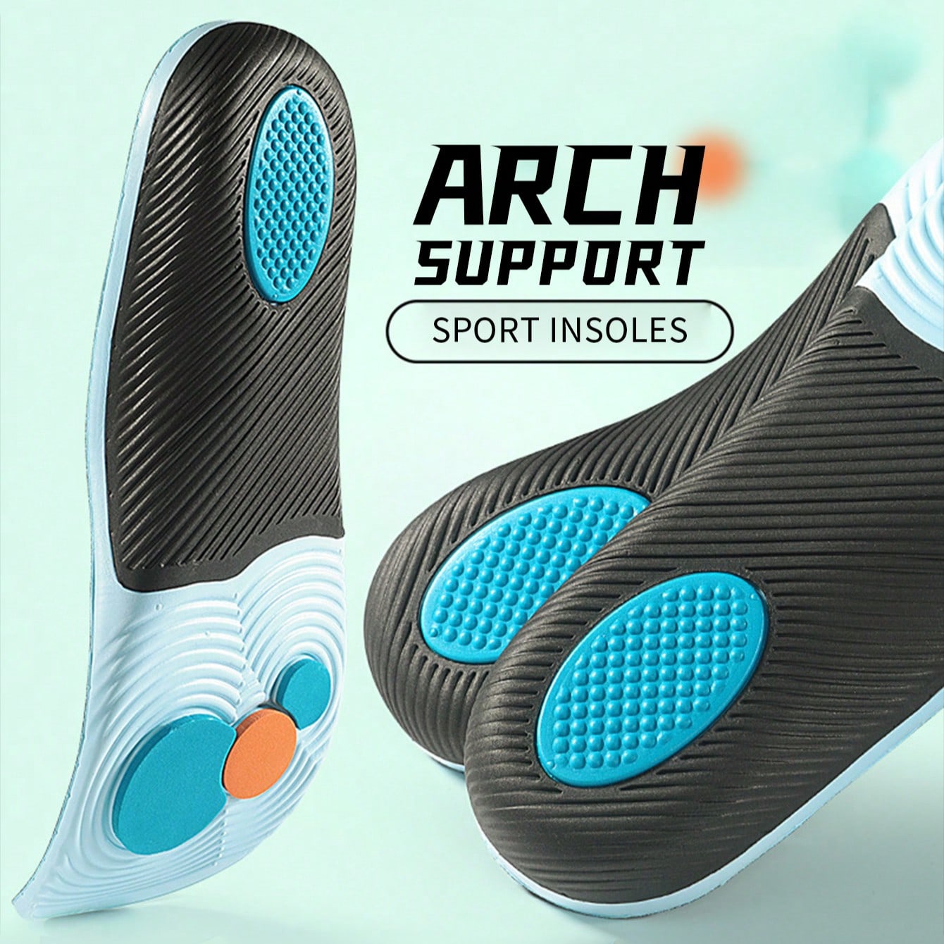 Par de plantillas de apoyo de arco negro y azul unisex, plantillas transpirables de alta rebote y absorciĂłn de impactos para deportes al aire libre,