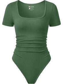 Bodysuits de mujer OQQ, con pliegues, mangas cortas, cuello cuadrado, elásticos, para estar en casa y viajar - Verde jungla - Ver 1