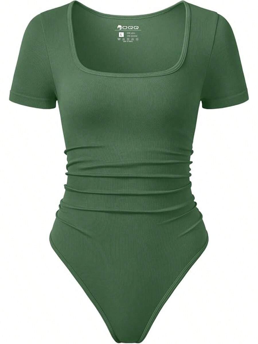 Bodysuits de mujer OQQ, con pliegues, mangas cortas, cuello cuadrado, elásticos, para estar en casa y viajar - Verde jungla - Ver 1