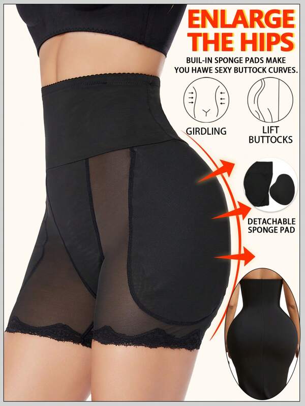 1 pieza Pantalón de cintura alta adelgazante con ribete de encaje, body moldeador con busto acolchado desmontable, pantalones cortos transpirables de control de abdomen para mujeres