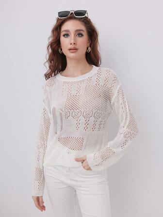 夏季纯色圆领镂空性感长袖毛衣