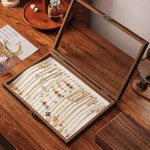 1pc Chinese Vintage Antique Finish Solid Wood Jewelry Box With Glass Lid & Snap Closure - Multi-Hooks Organizer For Necklaces - Elegant Desktop Storage Gift For Women, Wife, Girlfriend, Jewelry Display, Necklaces Holder, Classic Design, Construction, Jewelry Boxes