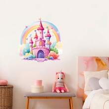 1/2 件卡通城堡彩虹独角兽公主房间装饰墙贴，可移除自粘 PVC 儿童房装饰贴纸，适用于教室装饰、家居装饰、房间装饰和配饰