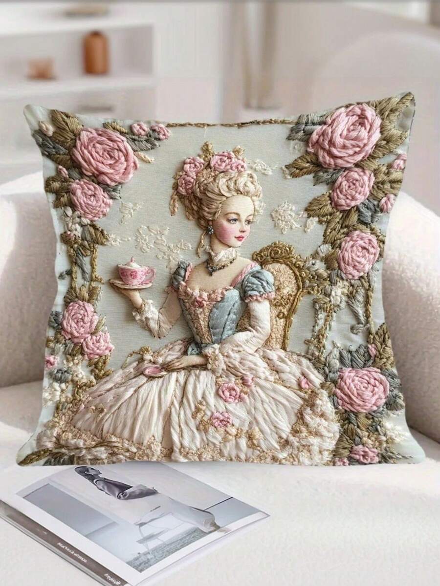 1/2/4 Piezas Funda de almohada decorativa de 17.7x17.7 pulgadas de poliéster elegante con diseño de dama vintage y floral - con cremallera, lavable a mano para decoración de oficina, dormitorio, sala de estar (inserto no incluido), almohadas decorativas, decoración de otoño, decoración de habitación