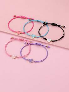 Bộ 5 chiếc/Bộ vòng tay bện dây sáp hình trái tim bằng hợp kim kẽm nhiều màu cho bé gái, Bộ trang sức BFF thích hợp để đeo hàng ngày - Nhiều màu - Xem 5