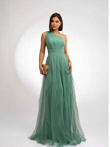 Long One-Shoulder, Shimmerless Dress With Cascade Skirt - Màu xanh Bạc hà - Xem 1