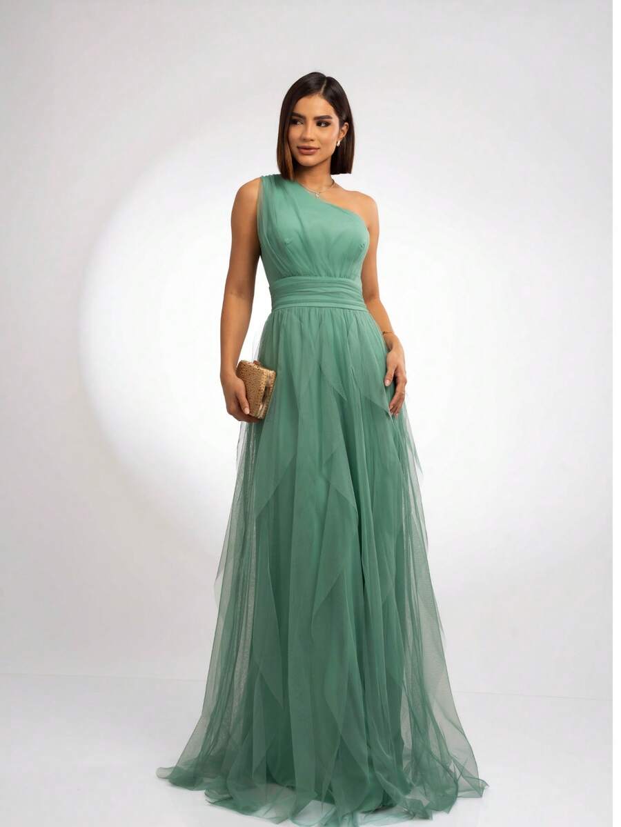 Long One-Shoulder, Shimmerless Dress With Cascade Skirt - Màu xanh Bạc hà - Xem 1