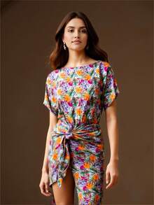 Vestido Largo Camisero Maxivestido Mangas Asimétricas Dolman Drapeado Blusón Abertura Lateral Elegante Sofisticada Trendy Moderna Casual Chic Office Formal  Holgado Fashion Femenino - Tropical Vino/Ocre - Ver 1