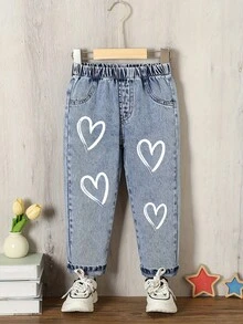 1pc Girls' Simple Outdoor Casual Fashion Heart Print Tapered Denim Pants, Versatile, Autumn/Winter New - Light Wash - View 1