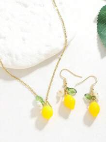 3pcs/Set Summer Fresh & Sweet Lemon Necklace & Earrings Set, Nature Inspired Fruit, Flower, Leaf Pendant Jewelry For Women