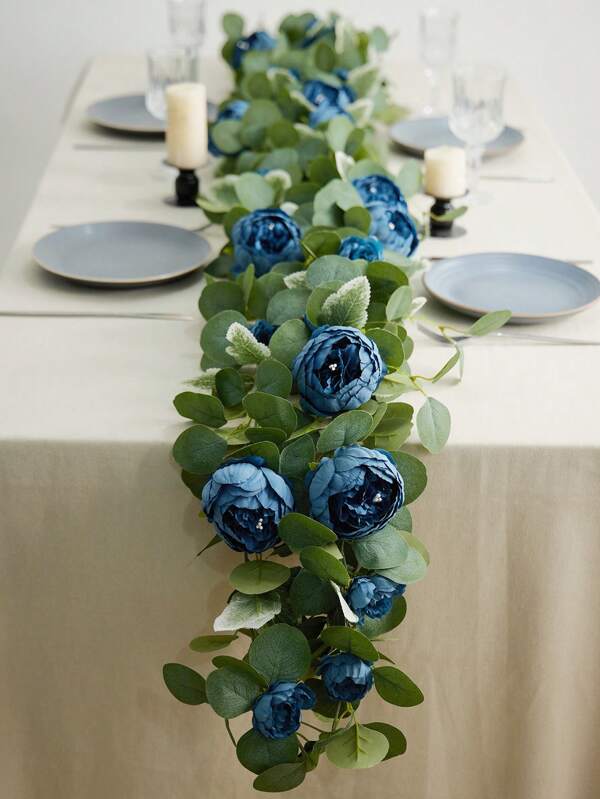 Artificial Flower Vine, Navy Peony Eucalyptus Garland, Wedding Table Centerpiece Decor, Romantic Wedding Arch Backdrop Wall Hanging, Flower Decor For Home Party, Lush Vine For Wall Door, Garden Deco, Holiday Party Swags, Versatile Plastic Floral Swags For Christmas, Halloween, Thanksgiving, Valentine's, Memorial Day