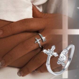 1pc Women Cross Letter Decorated 925 Sterling Silver Adjustable Open Ring, Simple Zirconia Stone, Suitable For Daily, Vacation, Party Wear
