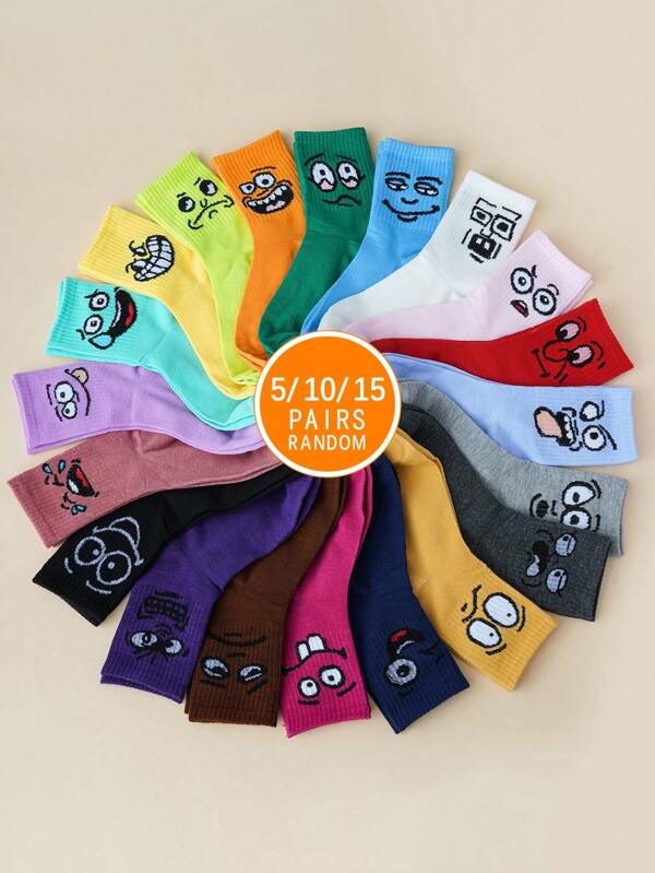 Set de 5/10/15 pares de calcetines media caña para mujer con diseños de expresión coloridos, cómodos y transpirables, con estilo divertido y moderno, aptos para uso diario, casual y deportivo