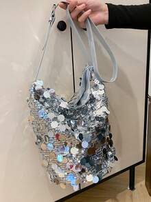 Fashionable Shiny Shoulder Bag, Personalized Sequin Large Tote For Shopping, Stylish Work Commuting Backpack - Silver - View 4