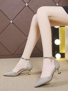 1 Pair Fashionable New Style Teenager High Heel Shoes, One-Buckle Design, Shiny Upper With Kitten Heel, Crystal Shoes For Formal Occasion